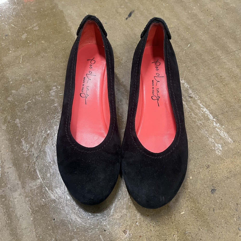 Pas de Rouge Size 40 Womens Black Suede Wedge Pumps‎ Crystal Heart Heel Italy